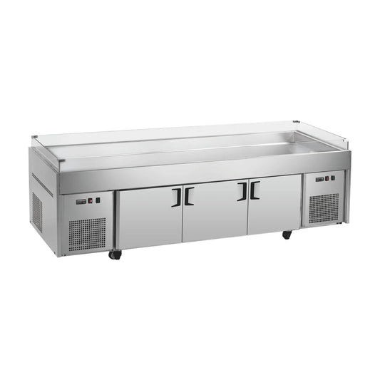 Commercial ice display table with blue light.