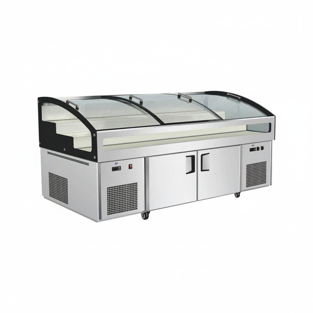 Commercial curved glass ice display table with steps and three doors.