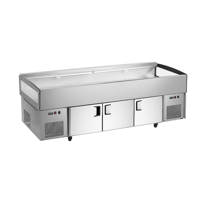 Commercial ice display table with pull-out curtain and bottom three-door storage.