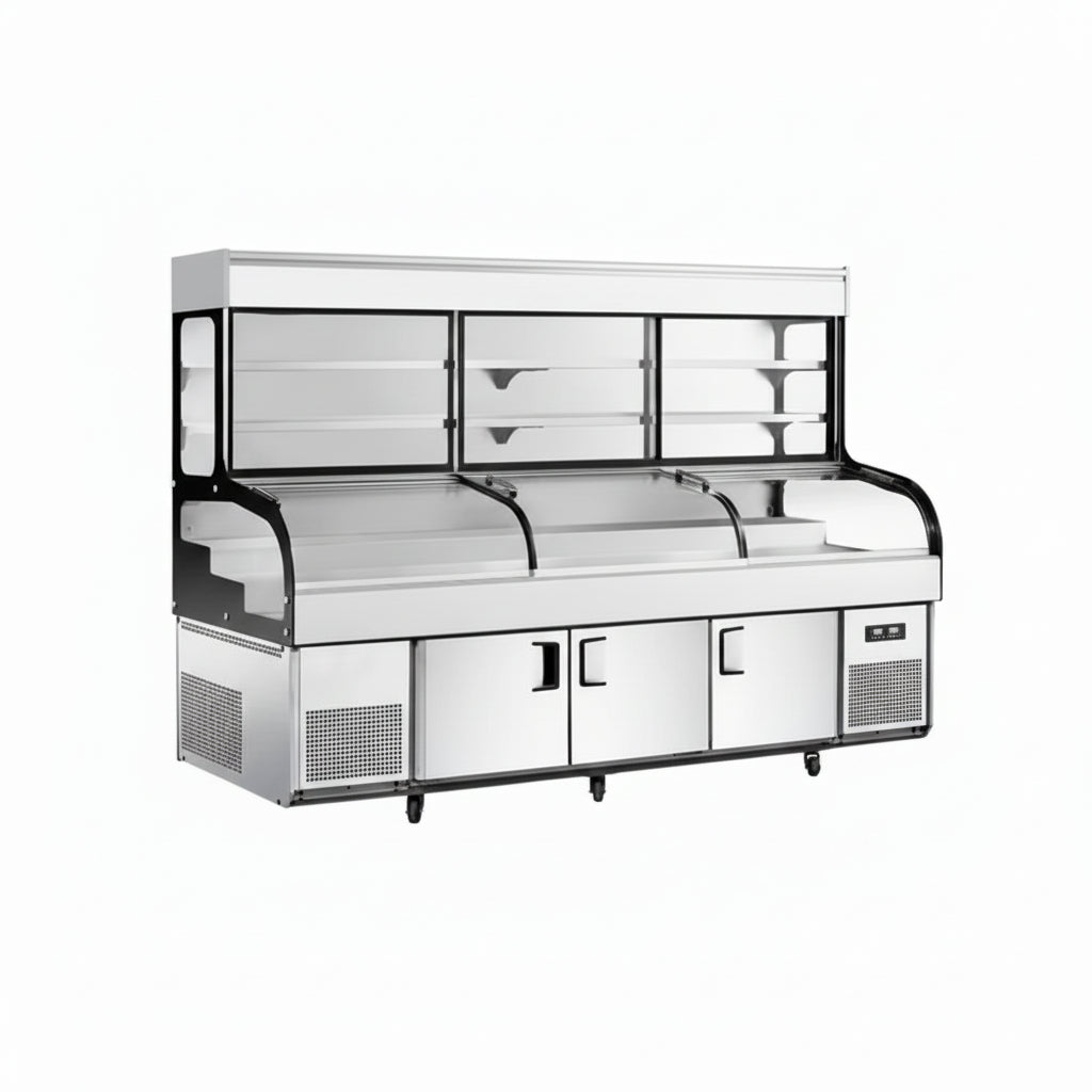 Commercial six-step ice display table with bottom three-door storage.