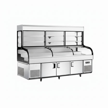 Commercial six-step ice display table with bottom three-door storage.