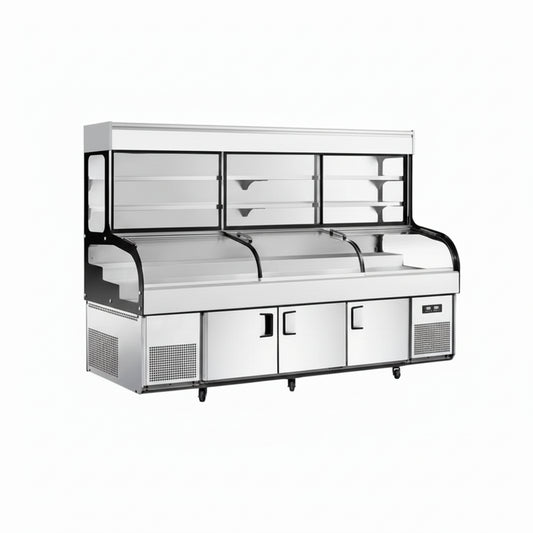 Commercial six-step ice display table with bottom three-door storage.