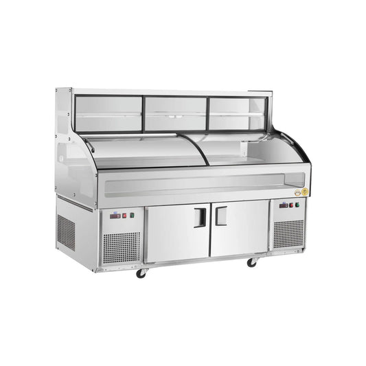 Commercial five-stage ice display table with two-door bottom storage.
