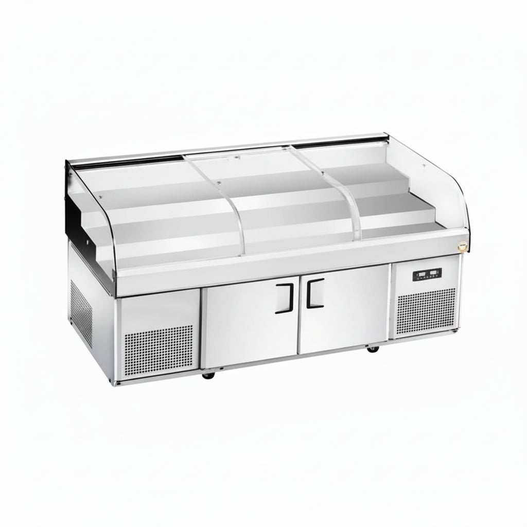 Commercial curved glass ice display table with steps and three sliding doors.