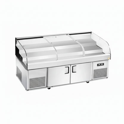 Commercial curved glass ice display table with steps and three sliding doors.
