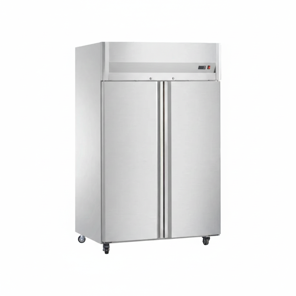 Commercial ventilated single temperature two-door kitchen refrigerator.