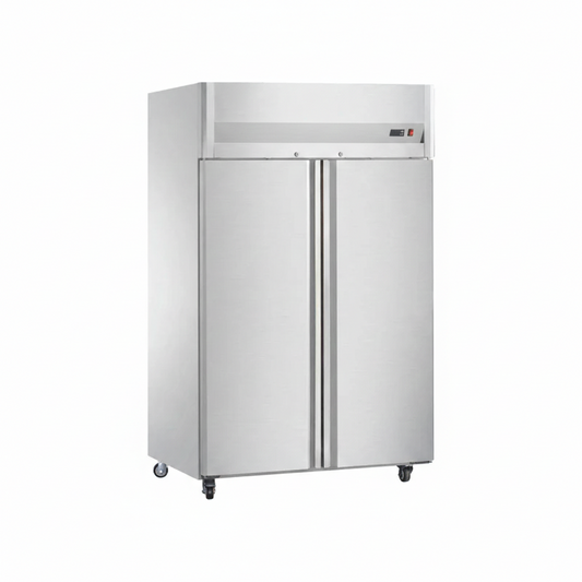 Commercial ventilated single temperature two-door kitchen refrigerator.