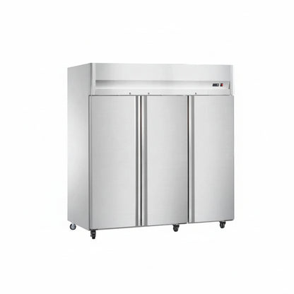 Commercial ventilated single temperature three-door kitchen refrigerator.