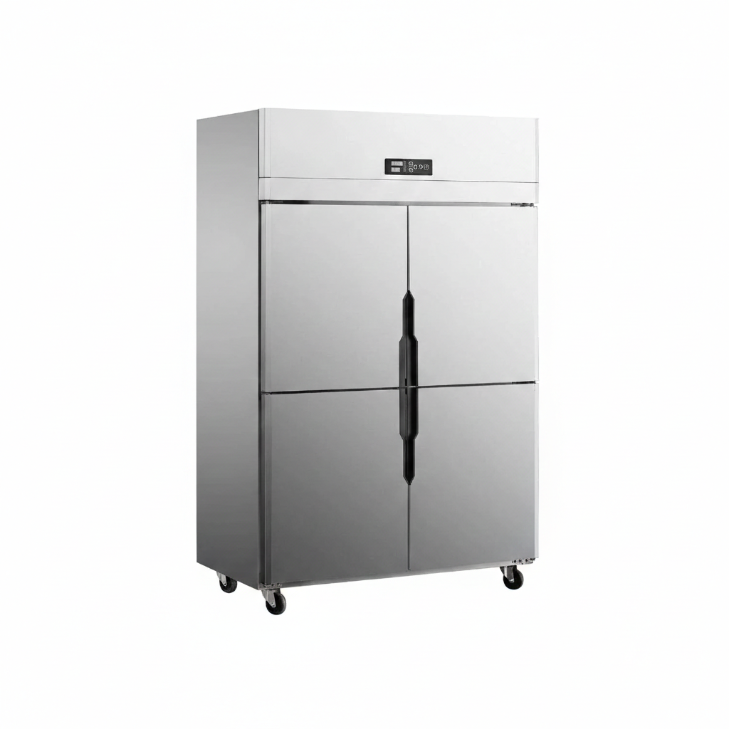 Commercial ventilated dual temperature four-door kitchen refrigerator.