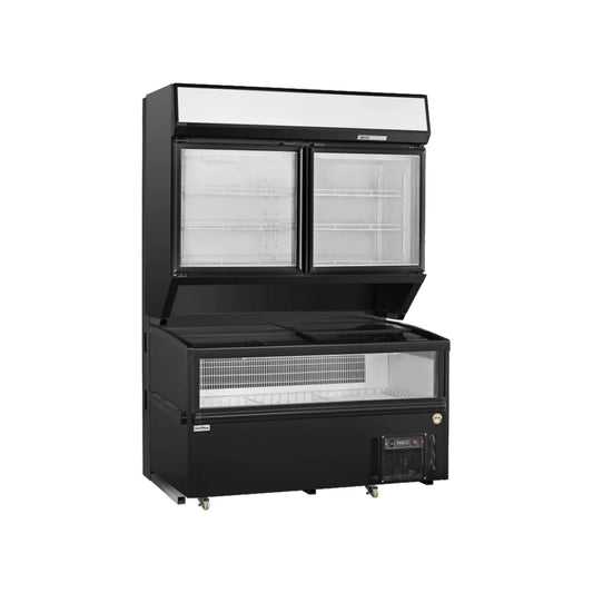Commercial retail main and sub display deli showcase ventilated cooling refrigerator with top and bottom storage.