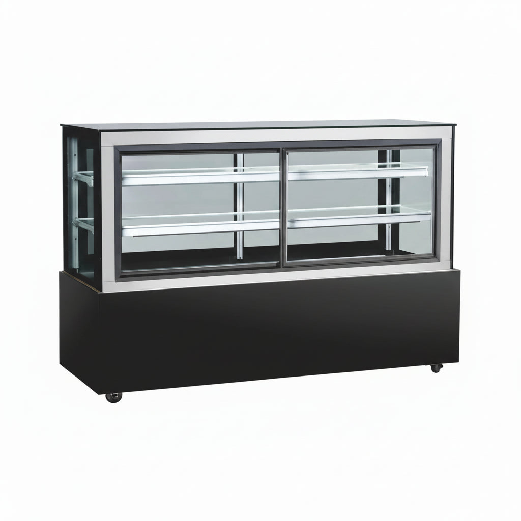 Commercial upright cake showcase with straight glass display and front and rear sliding doors.