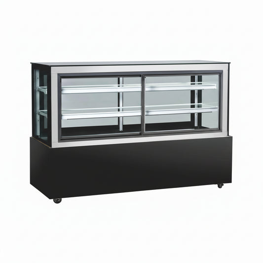 Commercial upright cake showcase with straight glass display and front and rear sliding doors.