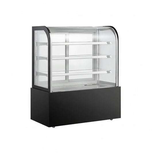 Commercial upright cake showcase with curved glass and three shelves in black frame. 