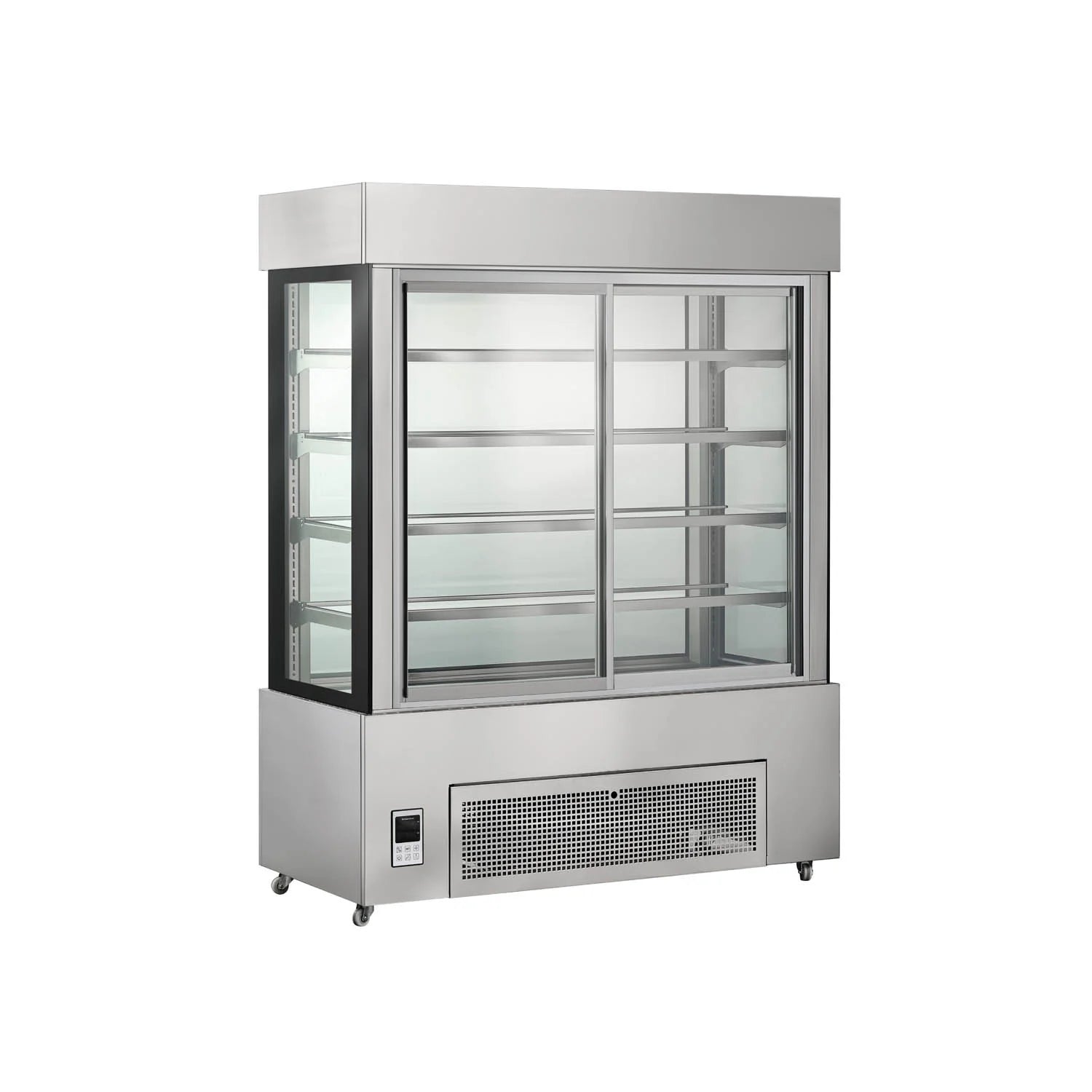Commercial upright cake showcase with straight glass display and double sliding doors.