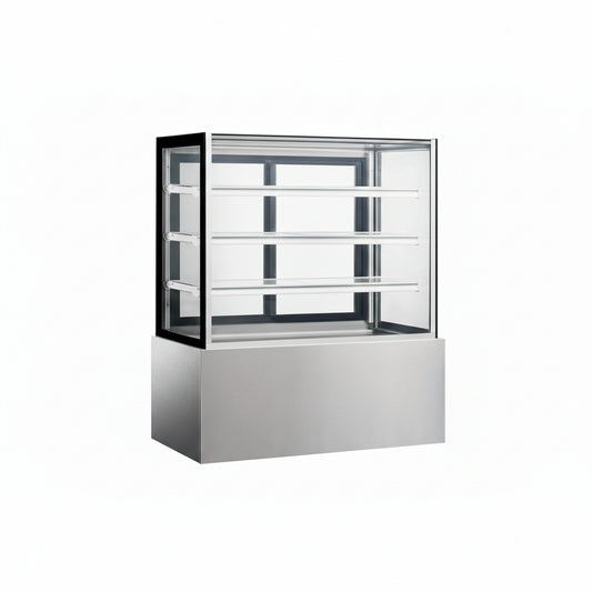 Commercial upright cake showcase with straight glass and three shelves.