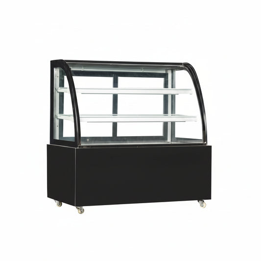 Commercial upright cake showcase with curved glass and two shelves in black.