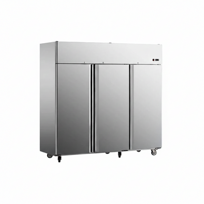 Commercial European ventilated cooling three-door kitchen refrigerator.