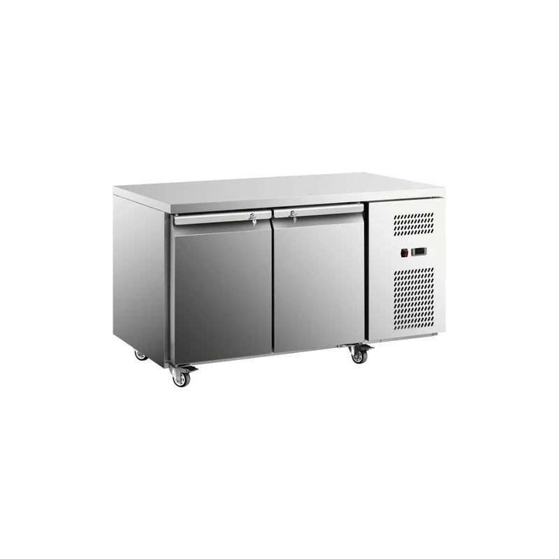 Commercial European two-door undercounter refrigerator.