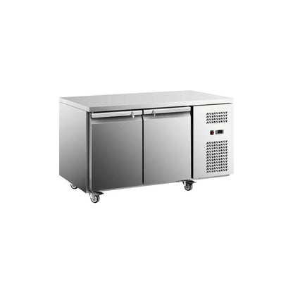 Commercial European two-door undercounter refrigerator.