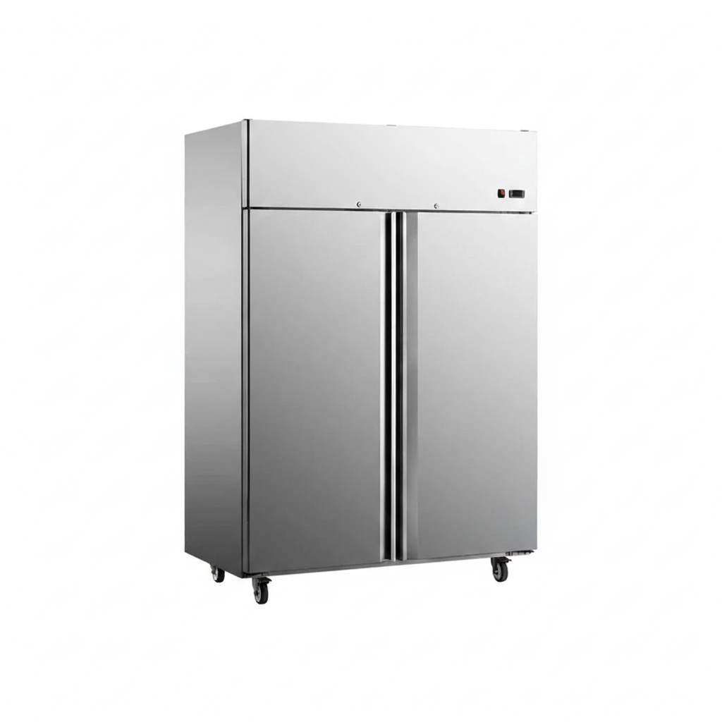 Commercial European ventilated cooling two-door kitchen refrigerator.