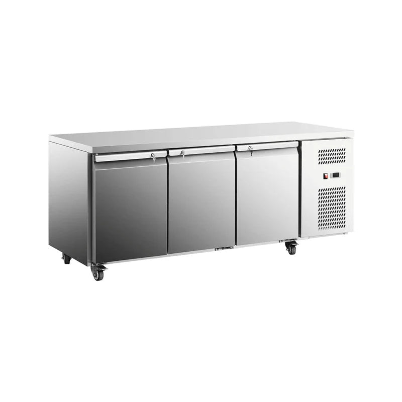 Commercial European three-door undercounter refrigerator.