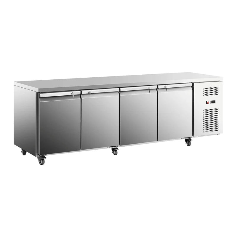 Commercial European four-door undercounter refrigerator.
