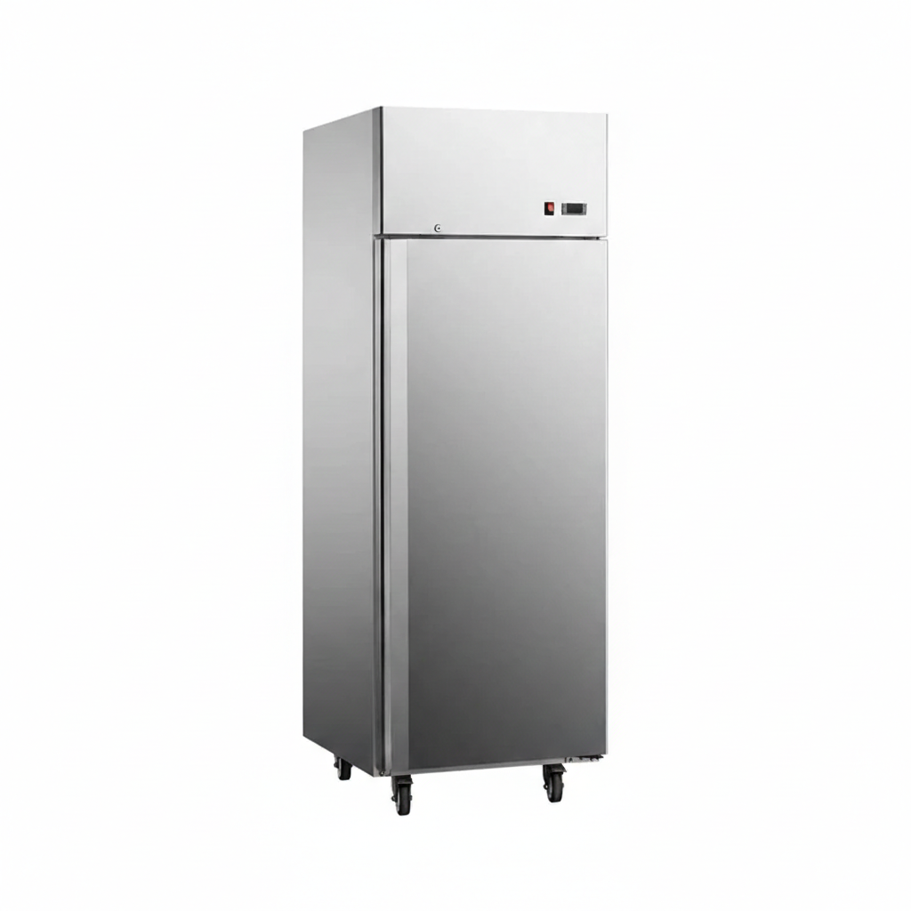 Commercial European ventilated cooling single door kitchen refrigerator.