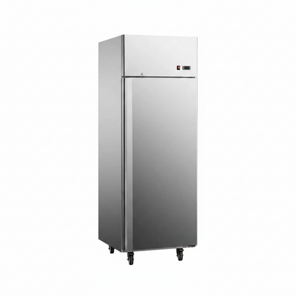 Commercial European ventilated cooling single door kitchen refrigerator.