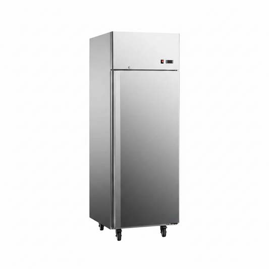 Commercial European ventilated cooling single door kitchen refrigerator.
