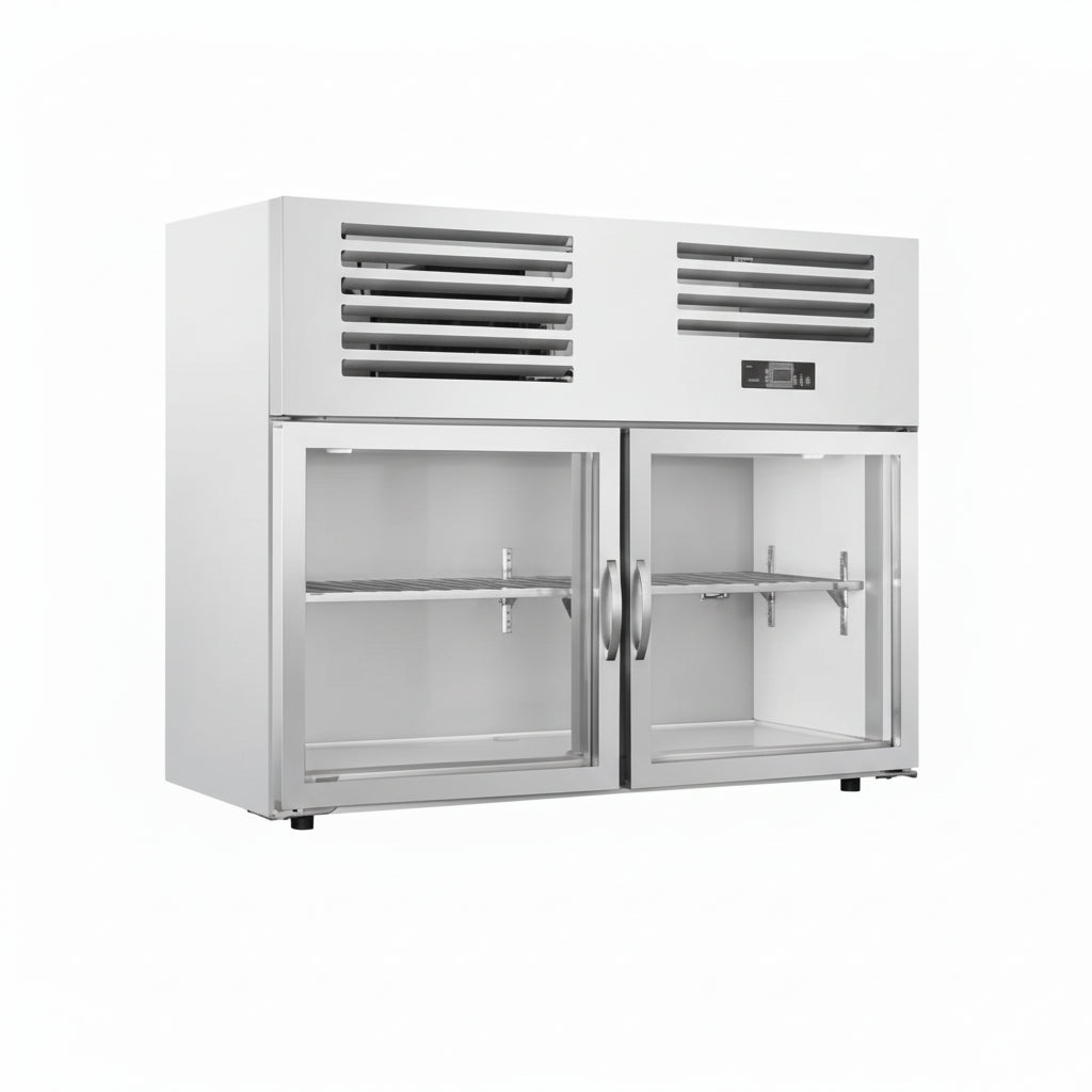 Commercial wall mounted kitchen cabinet refrigerator with two glass doors.