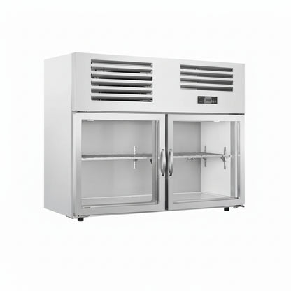 Commercial wall mounted kitchen cabinet refrigerator with two glass doors.