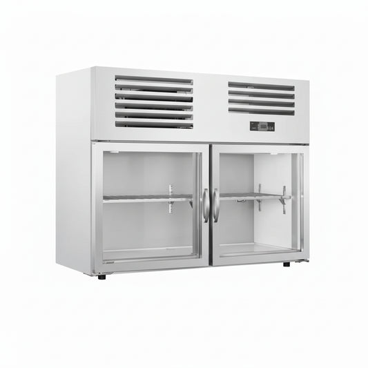 Commercial wall mounted kitchen cabinet refrigerator with two glass doors.