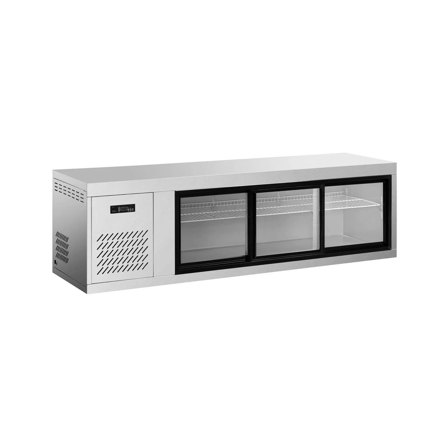 Commercial wall mounted kitchen workbench refrigerator with three glass doors.