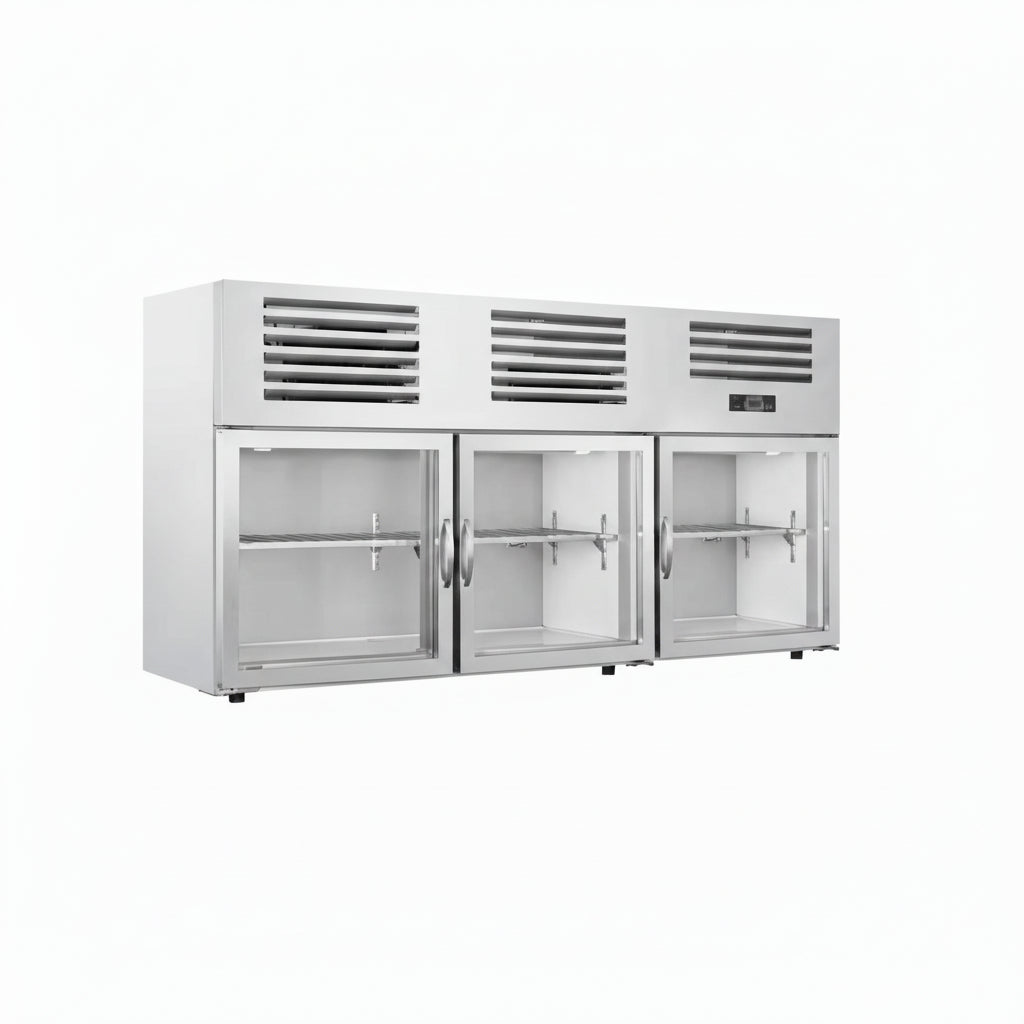 Commercial wall mounted kitchen cabinet refrigerator with three glass doors.