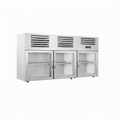 Commercial wall mounted kitchen cabinet refrigerator with three glass doors.
