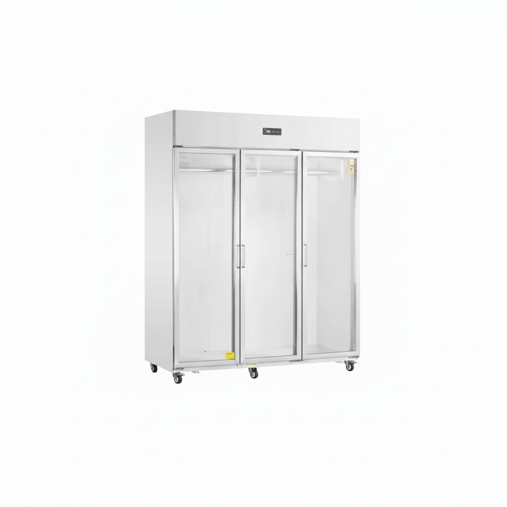 Commercial meat hanging freezer with three glass doors.