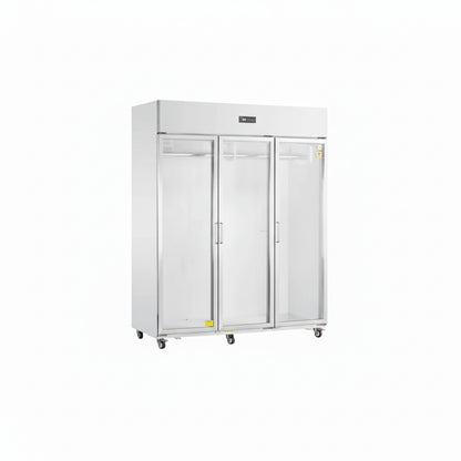 Commercial meat hanging freezer with three glass doors.