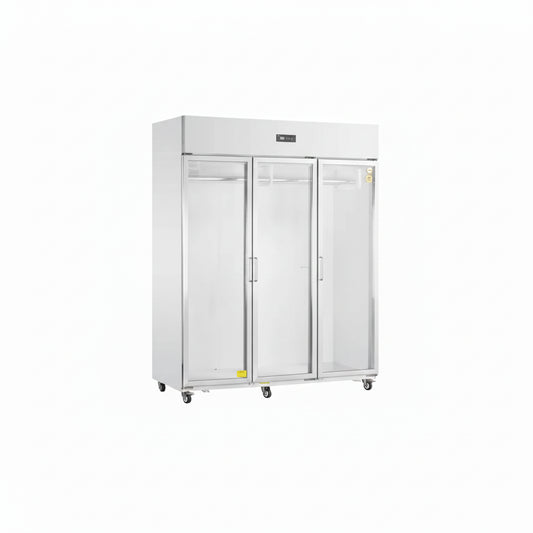 Commercial meat hanging freezer with three glass doors.