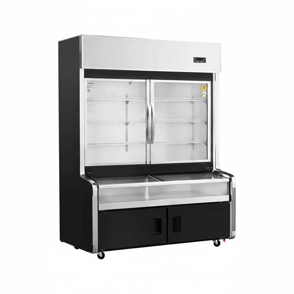 Commercial ventilated cooling triple temperature combination freezer with 2 glass display doors.