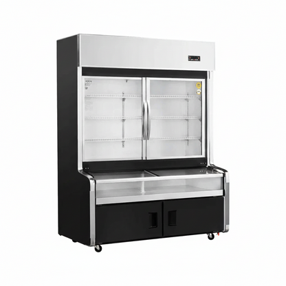 Commercial ventilated cooling triple temperature combination freezer with 2 glass display doors.