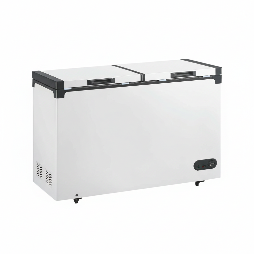 Commercial dual temperature chest freezer with dual hard top lids.