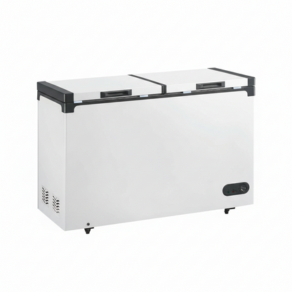 Commercial dual temperature chest freezer with dual hard top lids.