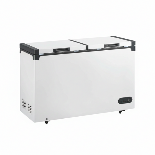 Commercial dual temperature chest freezer with dual hard top lids.