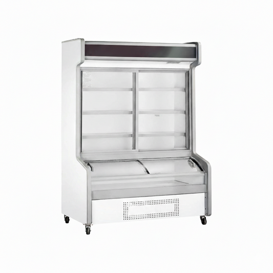 Commercial standard dual temperature combination freezer with 2 sliding glass doors and bottom storage