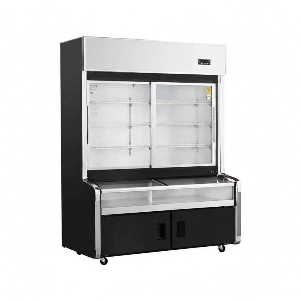 Commercial ventilated cooling triple temperature combination freezer with 2 sliding glass display doors.