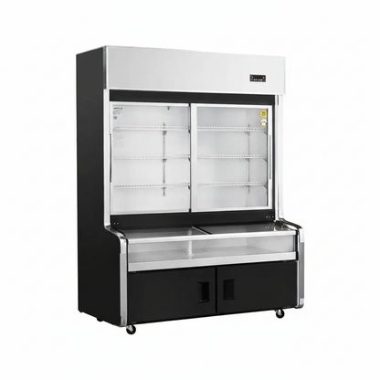 Commercial ventilated cooling triple temperature combination freezer with 2 sliding glass display doors.