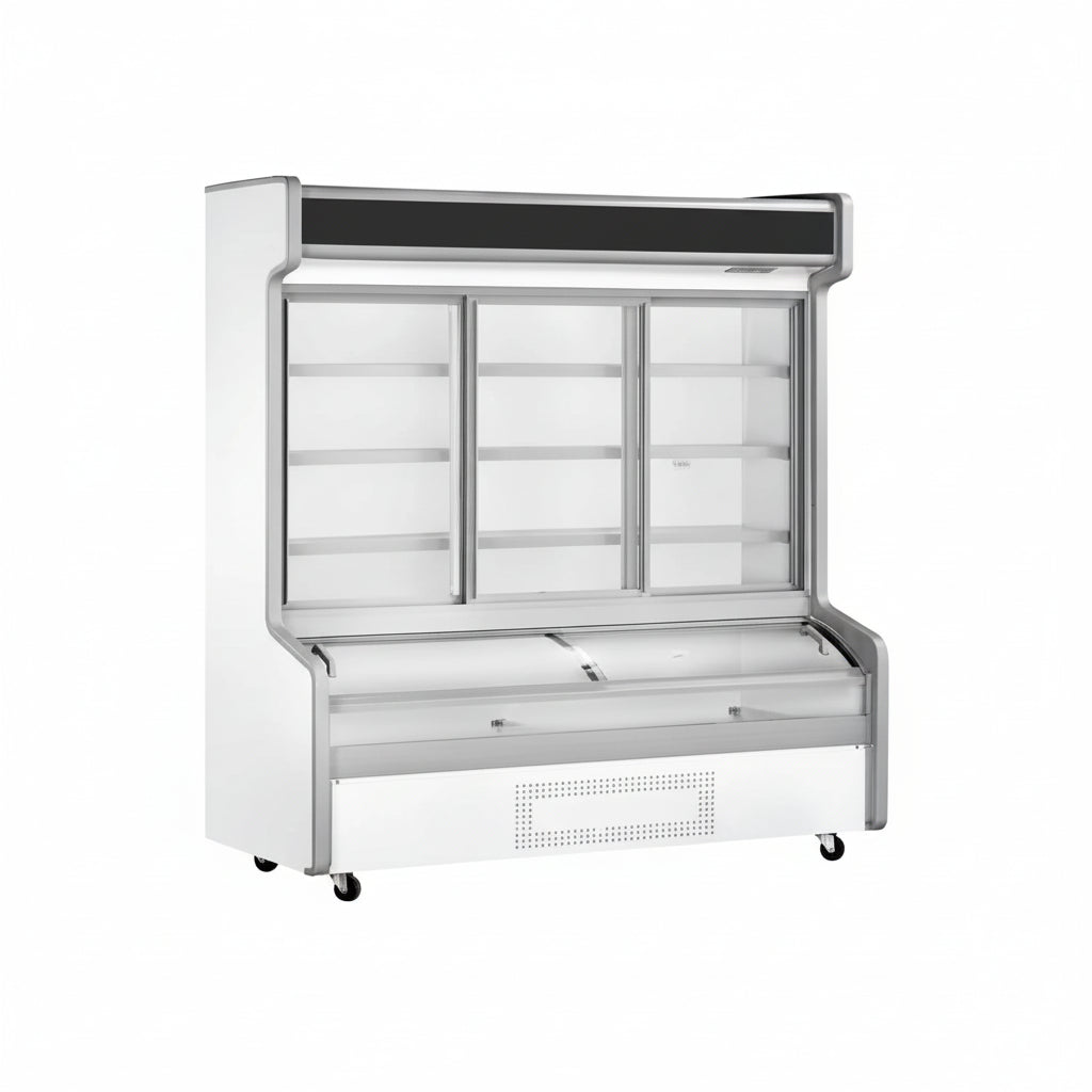 Commercial deep body dual temperature freezer with grid display and 3 sliding glass doors