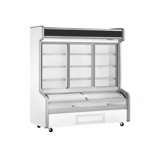 Commercial deep body dual temperature freezer with grid display and 3 sliding glass doors