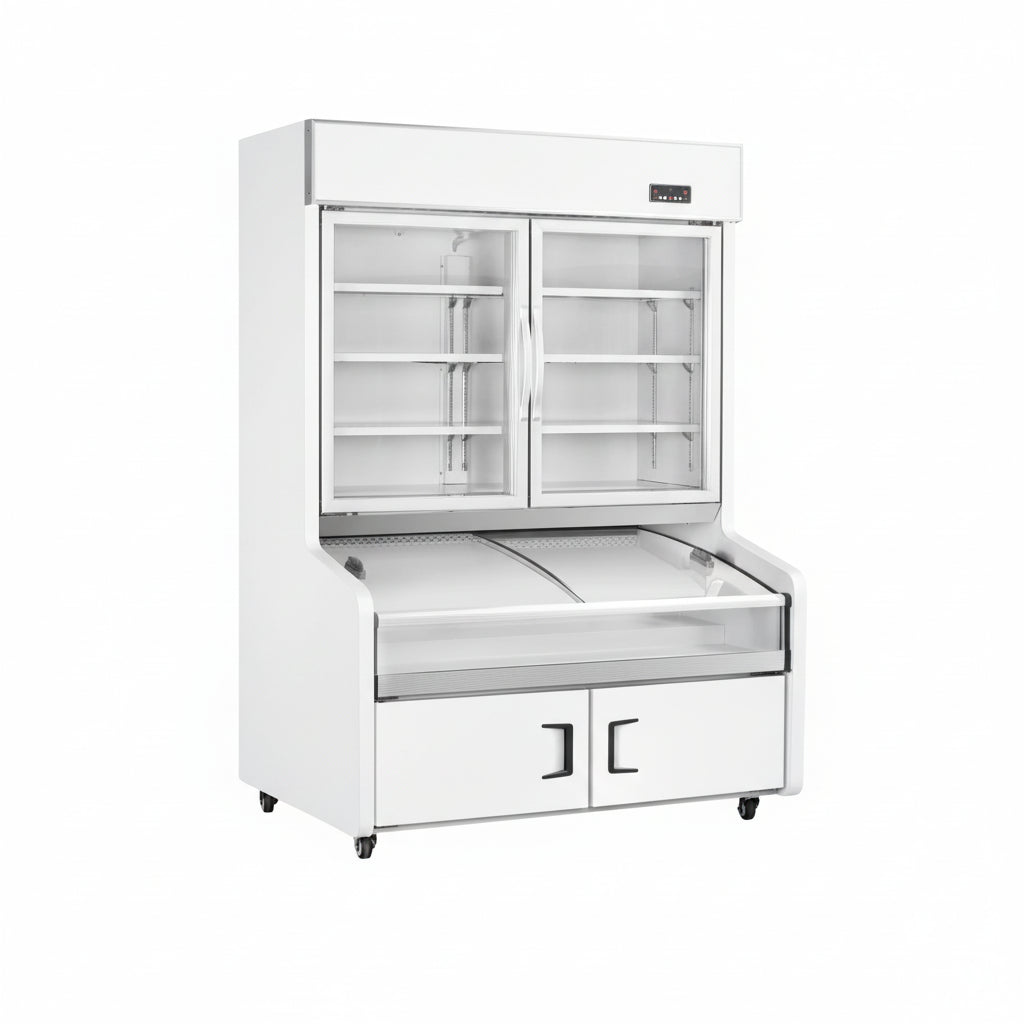 Commercial ventilated cooling triple temperature combination freezer with 2 glass display doors.