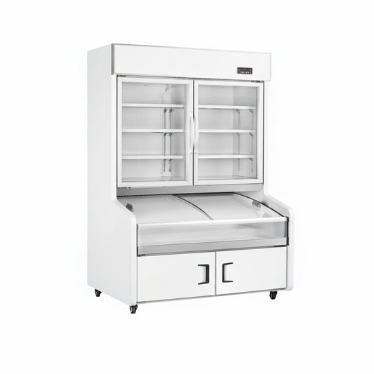 Commercial ventilated cooling triple temperature combination freezer with 2 glass display doors.